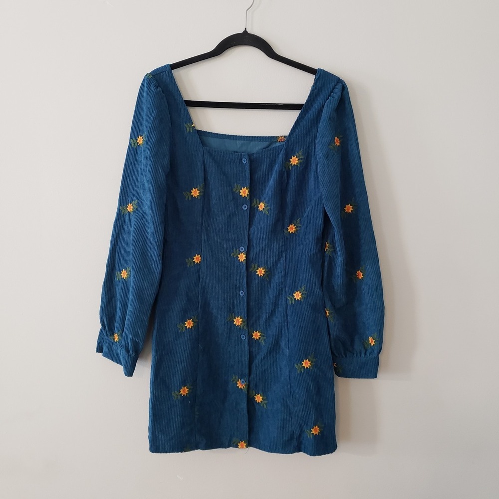 CIDER Embroidered Corduroy Mini Dress MED Y2K Indie Preppy Sunflowers Button Up